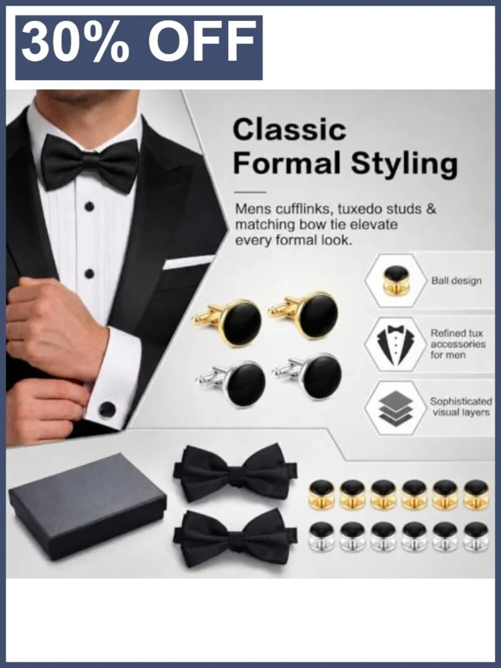 Tuxedo Cufflinks & Studs Set with Bow Tie, 16k Gold Plated Brass Formal